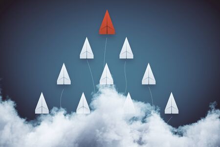 Creative paper plane in sky with daylight. Leadership and team concept. 3D Rendering