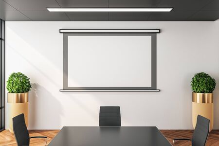 Blank screen for projector on wall in modern  meeting room. Business presentation concept. 3D...
