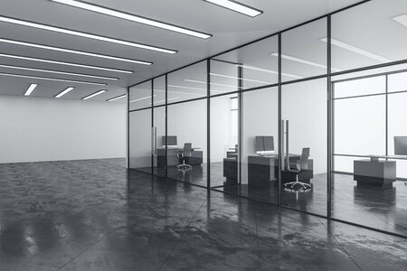 Minimalistic office interior room with computers. Occupation and worker concept. 3D Renderingの写真素材