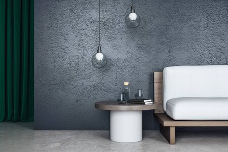 Contemporary living room interior with sofa and blank gray concrete wall. Art and design concept. 3D...