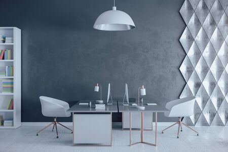 Clean loft interior room with computer and blank gray wall. Workplace and lifestyle concept. 3D Renderingの写真素材