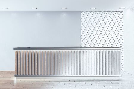 Drawing hotel wooden reception table with computer. Workplace and lifestyle concept. Mock up, 3D Renderingの写真素材