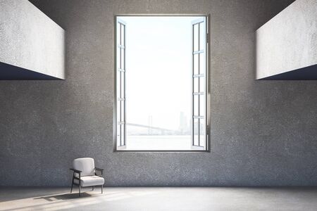 Minimalistic living room interior with white chair and open window to city. Design and style...