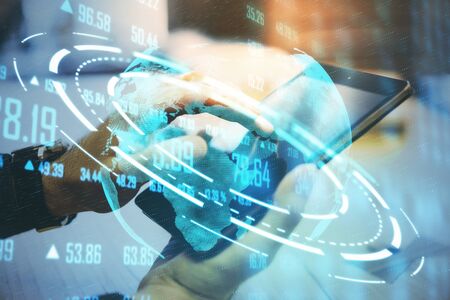 Hand holding tablet with abstract global network interface. Business and technology concept