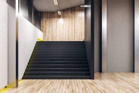 Modern office interior with black stairs and wooden floor. 3D Rendering