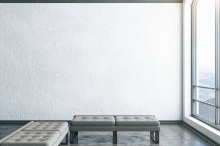 Modern attic interior room with empty white wall and bench. Art and design concept. 3D Rendering