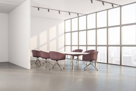 Modern meeting room interior with city view and copy space on wall. Business and presentation...