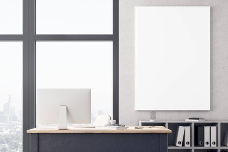 Luxury office interior with workplace, computer on table and and blank banner on wall.  Workplace and corporate concept. 3d renderingの写真素材