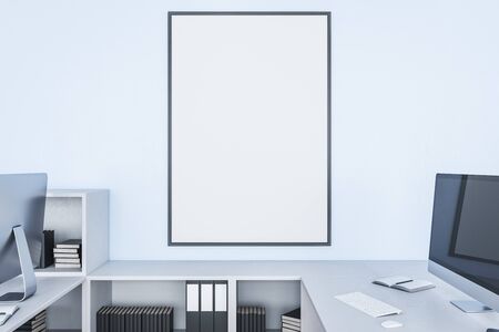 Minimalistic white coworking office interior with equipment and blank wall. 3D Renderingの写真素材