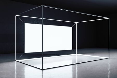 Contemporary gallery interior with glowing poster in cube. Museum and exhibition concept. 3D Renderingの写真素材