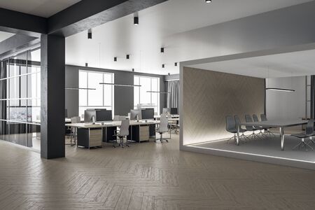 Luxury meeting table in abstract cube in coworking office interior with computers. Workplace and corporate concept. 3D Renderingの写真素材