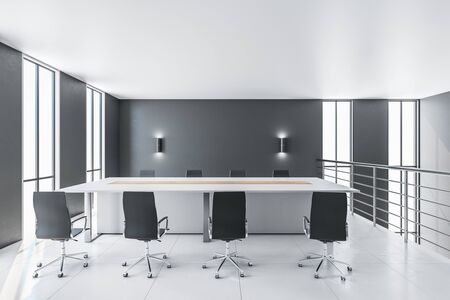 Contemporary conference interior with copy space on gray wall. Workplace and corporate concept. 3D Renderingの写真素材