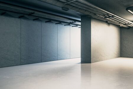 Minimalistic concrete interior room with communication pipes on ceiling, reflections and blank on wall. 3D Renderingの写真素材