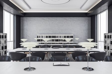 Book and lamp on table in in clean library interior. Business and education concept. 3D Rendering