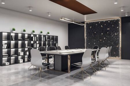 Modern meeting interior hall with document on table.  Workplace and lifestyle concept. 3D Rendering