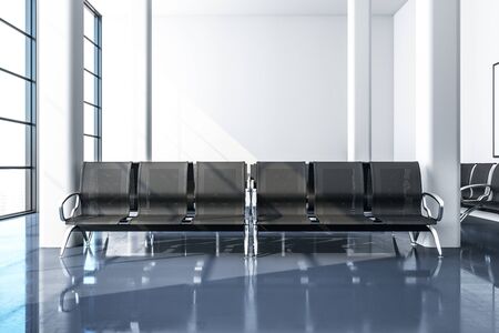 Airport waiting room with empty wall. Lounge and travel concept. Close up.  3D Rendering