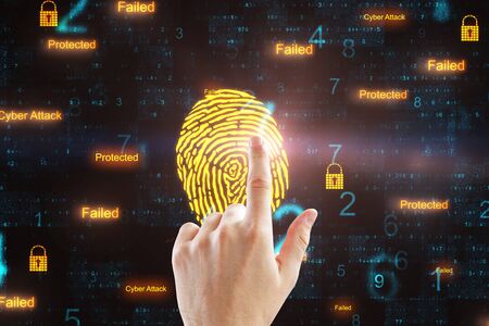 Hand pushing creative digital button with fingerprint. Access and technology concept. Close up