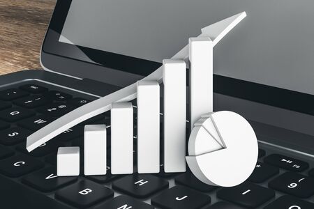 Laptop with stock chart, supplies and other items on table. Close up, 3D Rendering