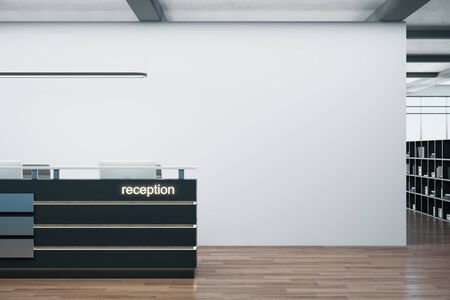 Cozy office corridor with reception table and blank concrete wall. Workplace and lifestyle concept. 3D Renderingの写真素材
