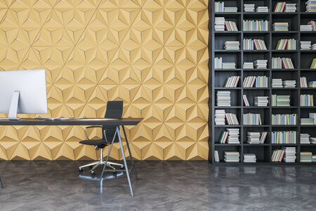 Modern coworking office interior with furniture and blank yellow wall. Design concept. 3D Renderingの写真素材