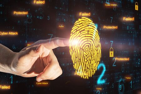 Hand using digital internet security interface and finger print. Access and technology concept....