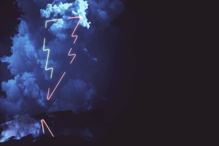 Blue neon lightning with smoke on blue background. Mock up. 3D Rendering