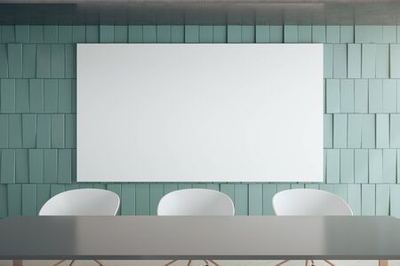 Minimalistic meeting office room with blank banner on wall. Workplace and corporate concept. 3D...