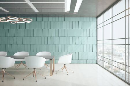 Luxury meeting office room with panoramic city view. Workplace and corporate concept. 3D Rendering