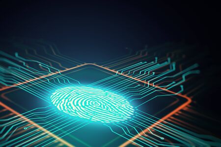 Digital screen with microchip and fingerprint at dark technology background. Cyber security concept....