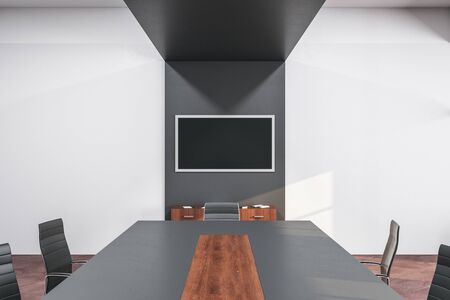 Contemporary meeting room interior with blank tv screen on wall. Business and teamwork concept. 3D...
