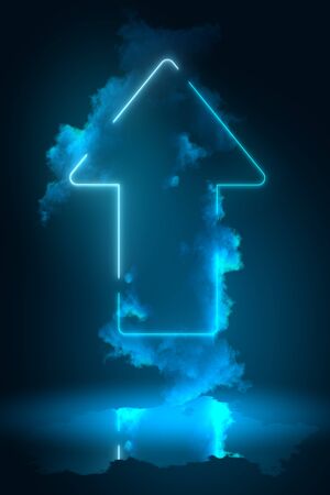 Neon arrow with smoke on blue background. Mock up. 3D Renderingの写真素材