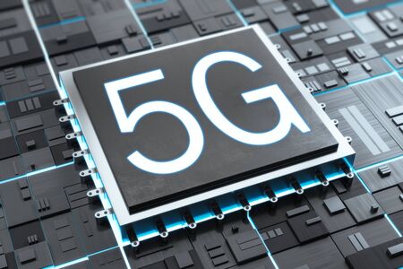 Creative 5G internet circuit board on dark background. Web speed and cellphone concept. 3D Renderingの写真素材