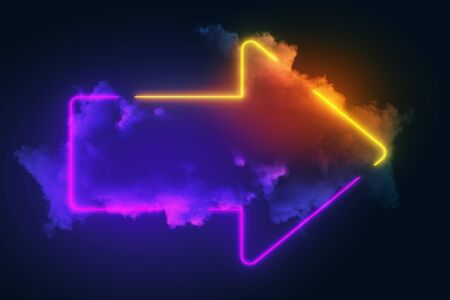 Color neon arrow with smoke on blue background. Mock up. 3D Rendering
