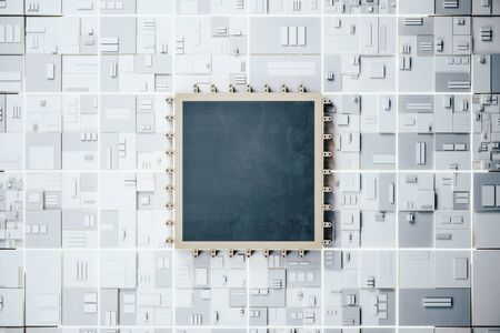 Black computer microchip on dark motherboard. Hardware and engineering concept. Mock up, 3D...