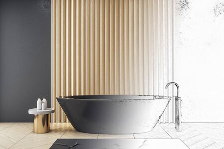 Drawing bathroom room with decorative objects and black bath. Style and hygiene concept. 3D Renderingの写真素材