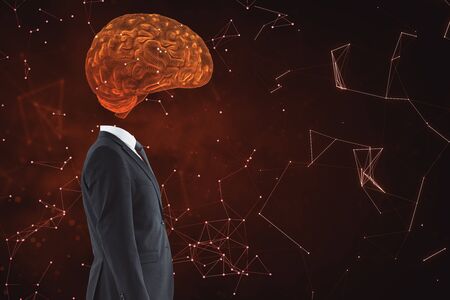 Businessman with a  glowing brain hologram instead of a head. Artificial intelligence concept.