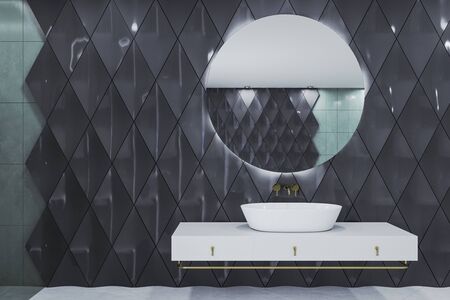 Contemporary loft bathroom with mirror on wall, comfortable bathtub and self care products. 3d renderingの写真素材