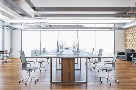 Minimalistic coworking office room with equipment, computers and megapolis city view. 3D Renderingの写真素材