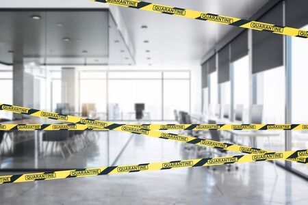 Yellow and black stripes in coworking office interior with furniture and daylight. Workplace and coronavirus quarantine concept. 3D Renderingの写真素材