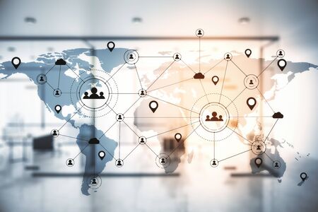 Remote work interface on blue world map. Remote access chain communication concept. 3D Renderingの写真素材
