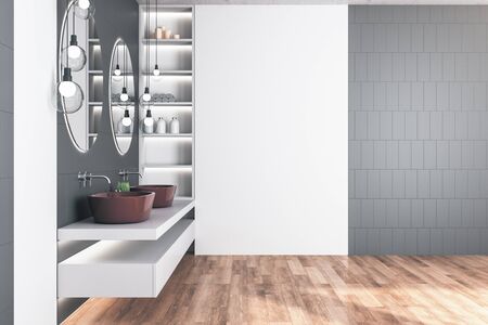 Modern loft bathroom with self care products. Style and hygiene concept. Mock up. 3d rendering