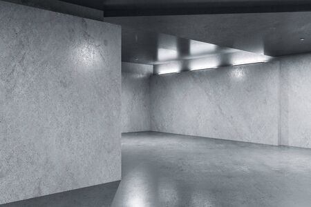 Modern concrete interior with lamps and copy space on wall. Design and style concept. Mock up. 3D...