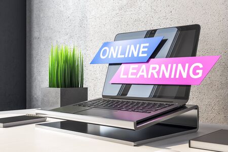Laptop on minimalistic workplace with remote work text on screen. Remote access chain concept. 3D Renderingの写真素材
