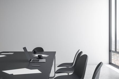Modern concrete office interior with city view, furniture and equipment. 3D Rendering