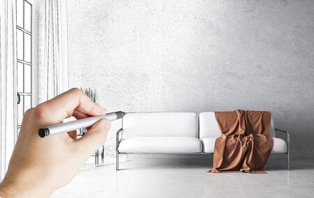 Hand drawing living room with sofa and blank concrete wall. Art and design concept.の写真素材