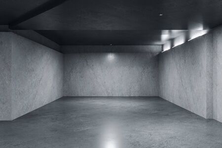Minimalistic concrete interior with lamps on ceiling, reflections and copy space. Design and style...