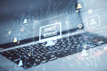 Laptop in workplace with remote work interface. Remote access chain communication concept. Close up
