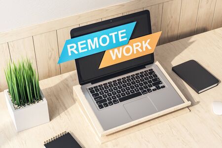 Top view laptop on modern designer workplace with remote work text on screen. Remote access chain concept. 3D Renderingの写真素材