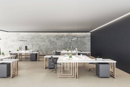 Modern coworking office room with computers, furniture and equipment. Workplace and lifestyle...
