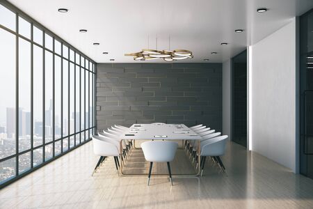 Contemporary conference office room with panoramic megapolis city view. Workplace and lifestyle...
